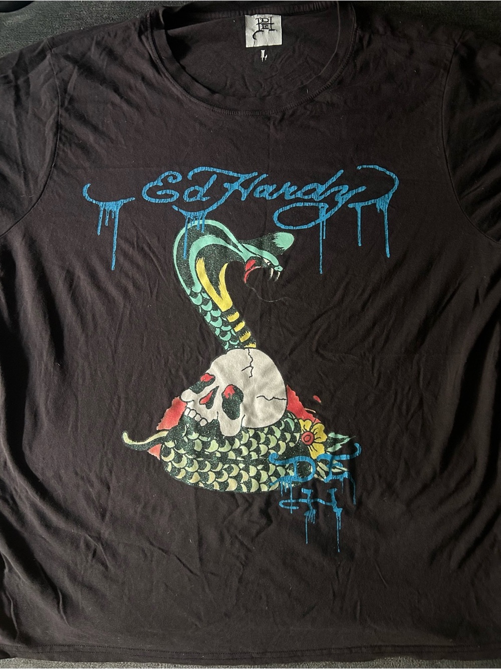 Ed Hardy Large Snake Skull Graphic Tee Black Y2K Streetwear Original 2 Sided